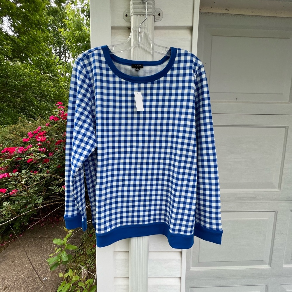 NWT Talbots Fun Royal Blue White Gingham Check Long Sleeve Sweatshirt